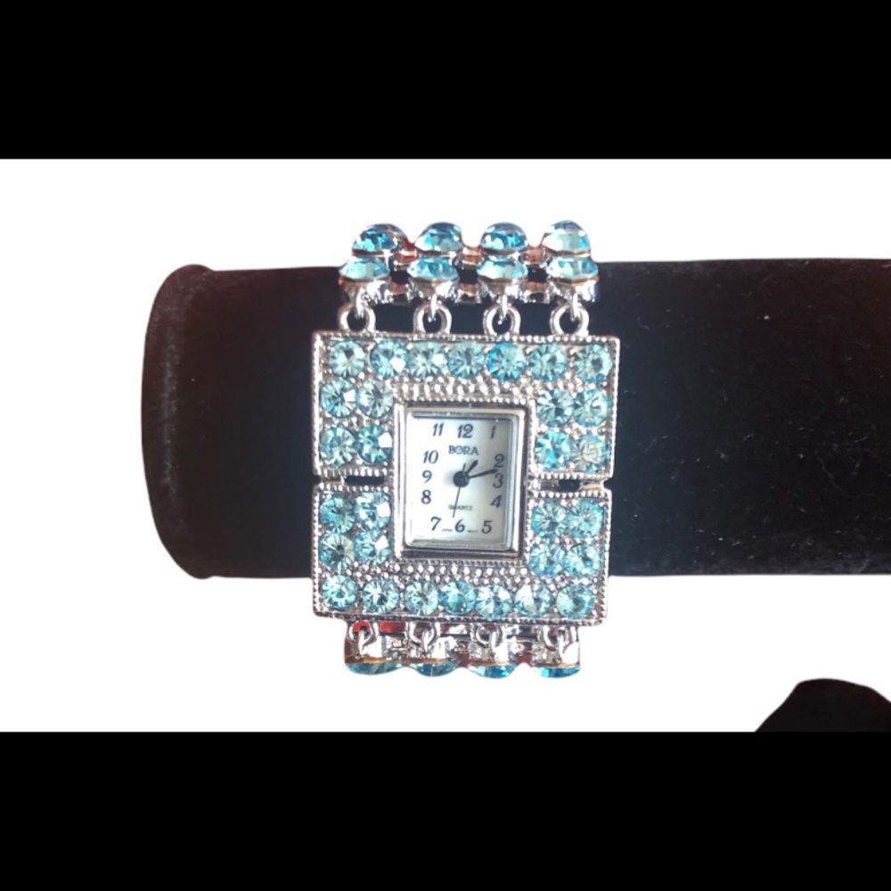 Bora Silver Quartz Watch Square Aquamarine Rhinestones Secure Clasp Gift Boxed - Picture 3 of 8